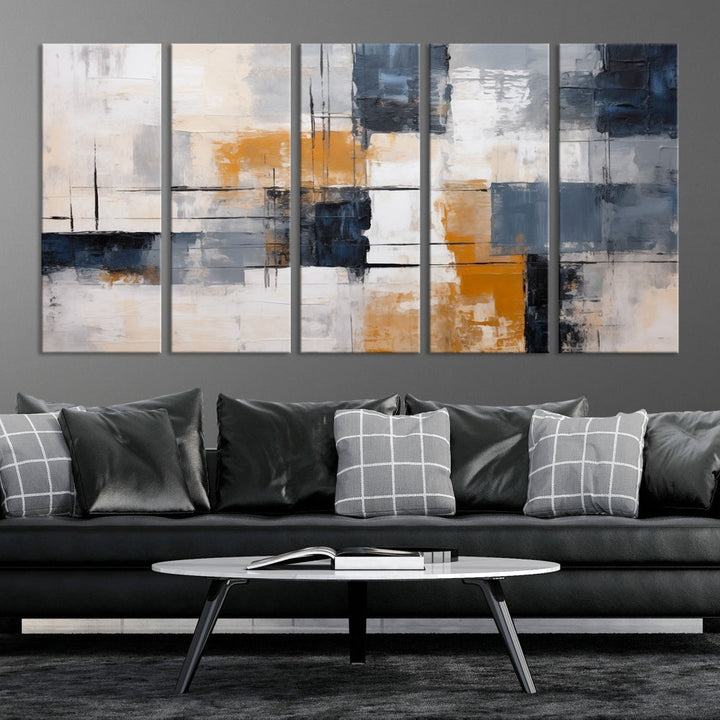 Blue Bright motion composition art, featuring gray, orange, and white blocks on museum-quality canvas with a UV-protective coating, is displayed prominently.