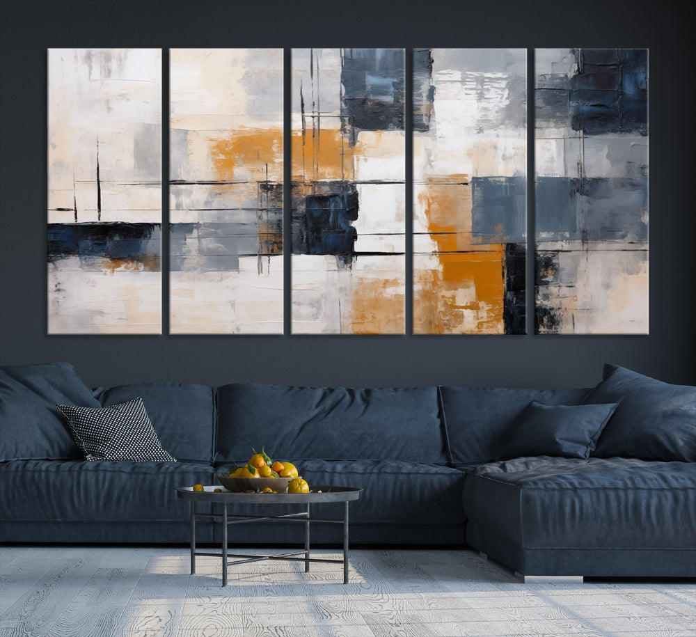 Blue Bright motion composition art, featuring gray, orange, and white blocks on museum-quality canvas with a UV-protective coating, is displayed prominently.