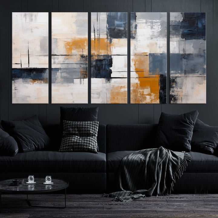 Blue Bright motion composition art, featuring gray, orange, and white blocks on museum-quality canvas with a UV-protective coating, is displayed prominently.