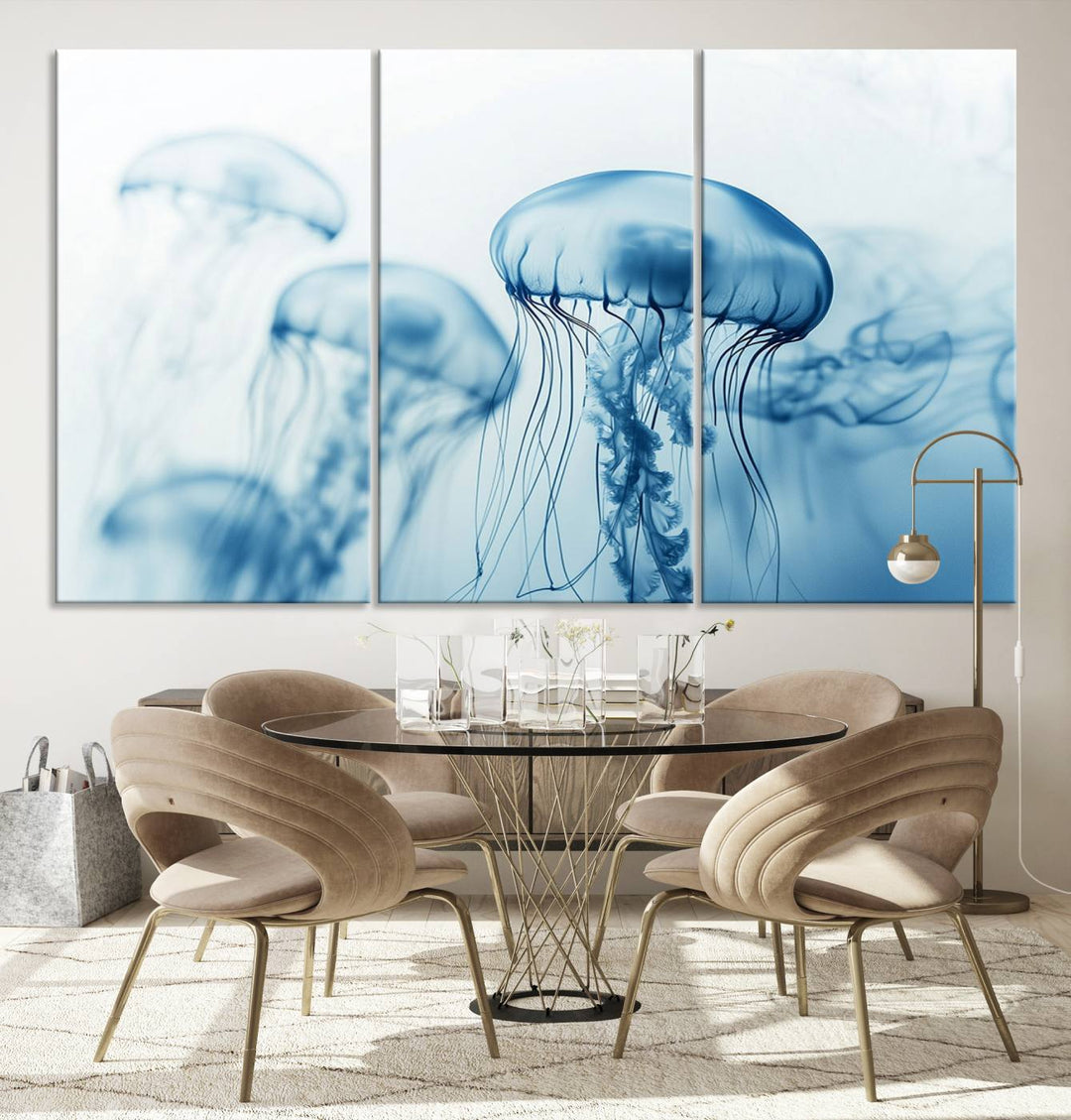 A breathtaking triptych of the Blue Jellyfish Wall Art Canvas Print decorates the space, beautifully highlighted by an overhead lamp. Each canvas is created on museum-quality material using high-resolution printing and includes a UV-protective coating to ensure long-lasting vibrancy.