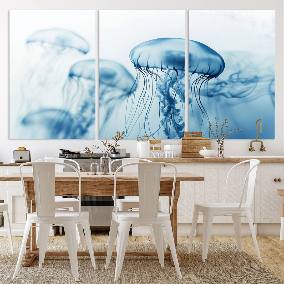 A breathtaking triptych of the Blue Jellyfish Wall Art Canvas Print decorates the space, beautifully highlighted by an overhead lamp. Each canvas is created on museum-quality material using high-resolution printing and includes a UV-protective coating to ensure long-lasting vibrancy.