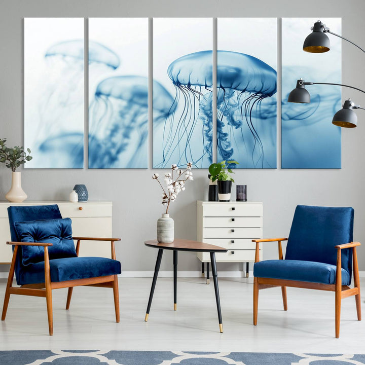 A breathtaking triptych of the Blue Jellyfish Wall Art Canvas Print decorates the space, beautifully highlighted by an overhead lamp. Each canvas is created on museum-quality material using high-resolution printing and includes a UV-protective coating to ensure long-lasting vibrancy.