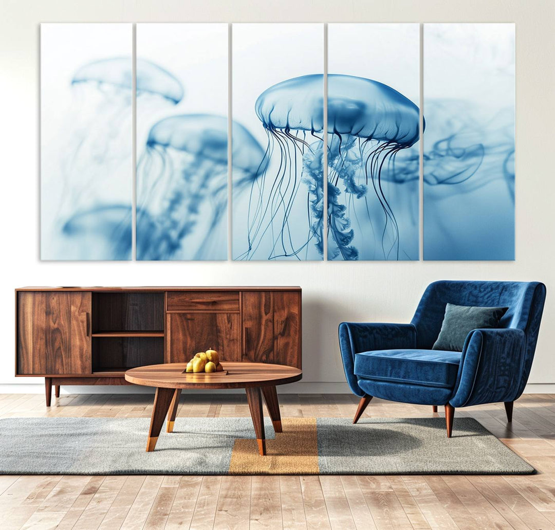 A breathtaking triptych of the Blue Jellyfish Wall Art Canvas Print decorates the space, beautifully highlighted by an overhead lamp. Each canvas is created on museum-quality material using high-resolution printing and includes a UV-protective coating to ensure long-lasting vibrancy.