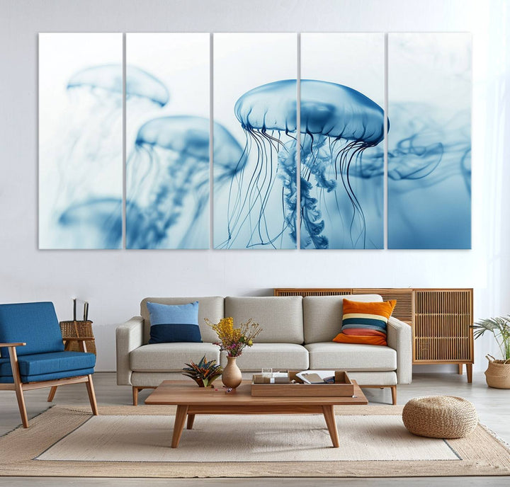 A breathtaking triptych of the Blue Jellyfish Wall Art Canvas Print decorates the space, beautifully highlighted by an overhead lamp. Each canvas is created on museum-quality material using high-resolution printing and includes a UV-protective coating to ensure long-lasting vibrancy.