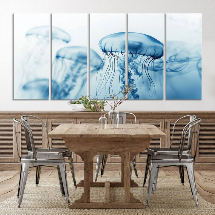 A breathtaking triptych of the Blue Jellyfish Wall Art Canvas Print decorates the space, beautifully highlighted by an overhead lamp. Each canvas is created on museum-quality material using high-resolution printing and includes a UV-protective coating to ensure long-lasting vibrancy.