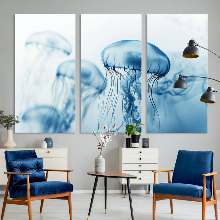 A breathtaking triptych of the Blue Jellyfish Wall Art Canvas Print decorates the space, beautifully highlighted by an overhead lamp. Each canvas is created on museum-quality material using high-resolution printing and includes a UV-protective coating to ensure long-lasting vibrancy.