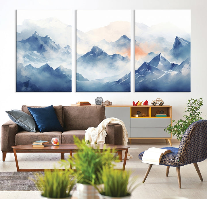 The Blue Orange Abstract Mountain Wall Art, featuring a triptych design of misty blue mountains with a UV-protective coating, elegantly adds an elegant touch to your décor. These museum-quality canvases guarantee longevity and vibrancy. Plus, enjoy free shipping on every order.