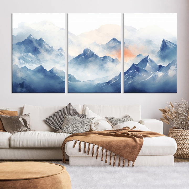 The Blue Orange Abstract Mountain Wall Art, featuring a triptych design of misty blue mountains with a UV-protective coating, elegantly adds an elegant touch to your décor. These museum-quality canvases guarantee longevity and vibrancy. Plus, enjoy free shipping on every order.