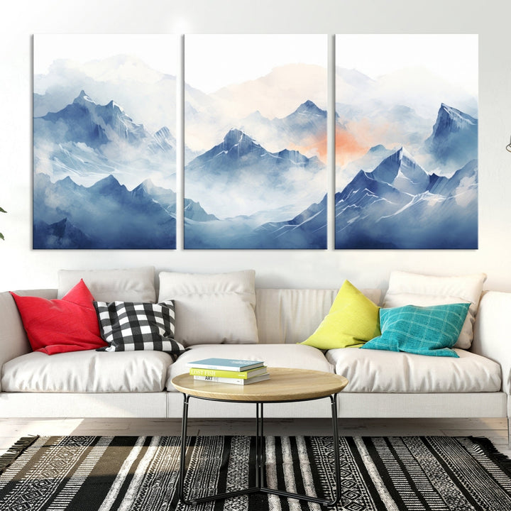 The Blue Orange Abstract Mountain Wall Art, featuring a triptych design of misty blue mountains with a UV-protective coating, elegantly adds an elegant touch to your décor. These museum-quality canvases guarantee longevity and vibrancy. Plus, enjoy free shipping on every order.