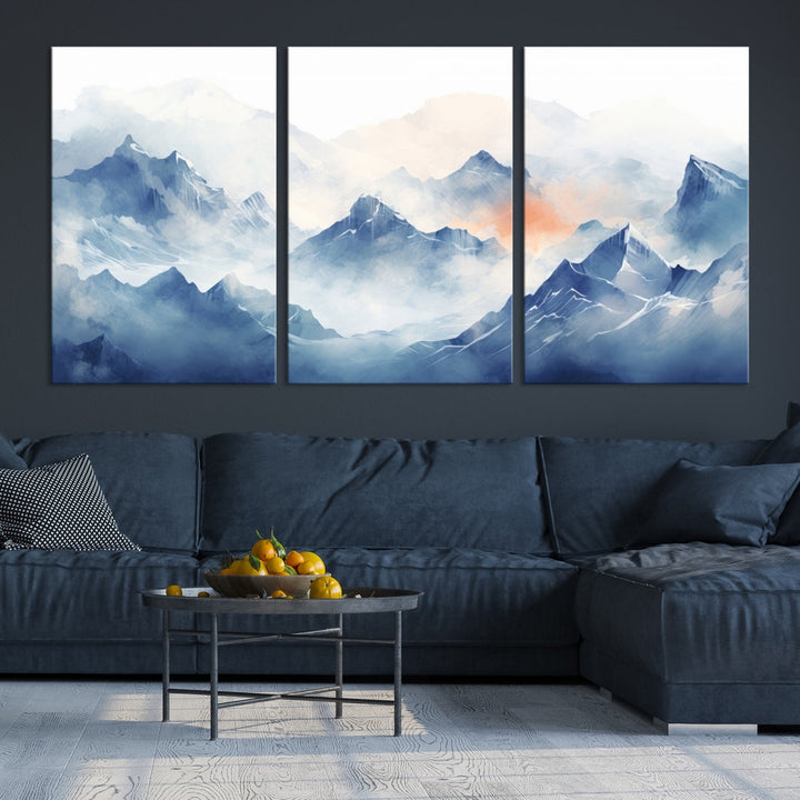 The Blue Orange Abstract Mountain Wall Art, featuring a triptych design of misty blue mountains with a UV-protective coating, elegantly adds an elegant touch to your décor. These museum-quality canvases guarantee longevity and vibrancy. Plus, enjoy free shipping on every order.