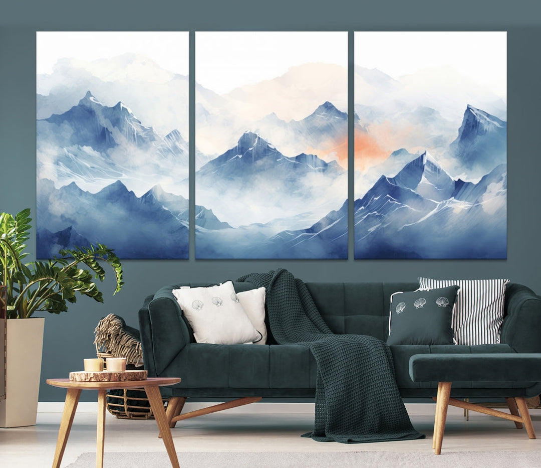 The Blue Orange Abstract Mountain Wall Art, featuring a triptych design of misty blue mountains with a UV-protective coating, elegantly adds an elegant touch to your décor. These museum-quality canvases guarantee longevity and vibrancy. Plus, enjoy free shipping on every order.