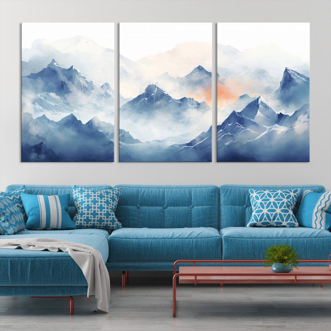 The Blue Orange Abstract Mountain Wall Art, featuring a triptych design of misty blue mountains with a UV-protective coating, elegantly adds an elegant touch to your décor. These museum-quality canvases guarantee longevity and vibrancy. Plus, enjoy free shipping on every order.