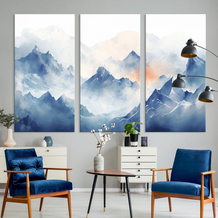 The Blue Orange Abstract Mountain Wall Art, featuring a triptych design of misty blue mountains with a UV-protective coating, elegantly adds an elegant touch to your décor. These museum-quality canvases guarantee longevity and vibrancy. Plus, enjoy free shipping on every order.