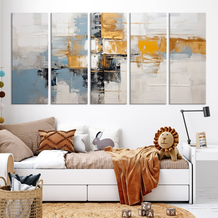 A stunning triptych of the Blue Orange Abstract Wall Art Canvas Print adorns the wall. These gallery-wrapped abstract pieces, showcasing blue, yellow, and white tones, feature a UV-protective coating to maintain their vivid colors.