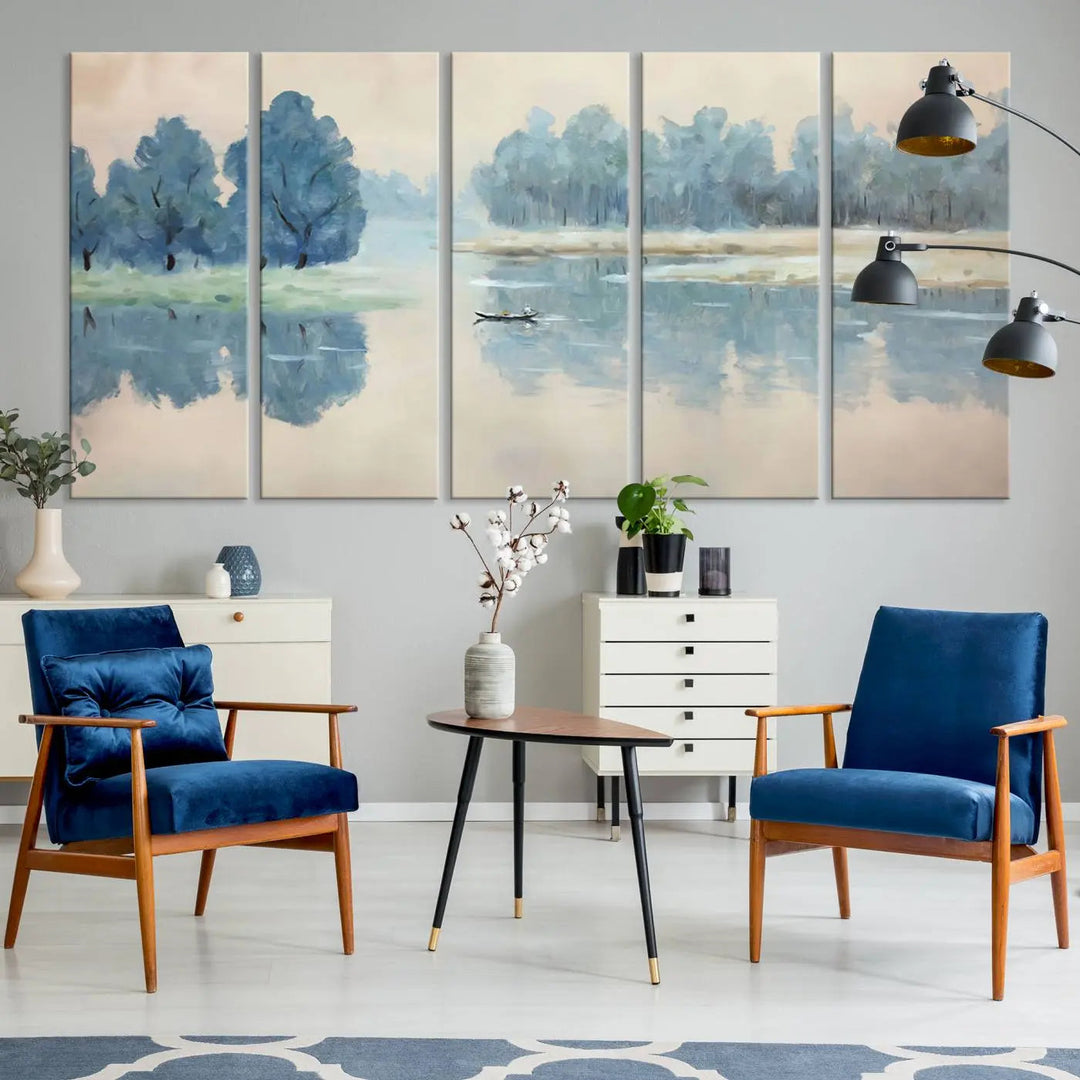 The triptych canvas print, "Blue Trees and Water Reflection Landscape," showcases a serene lake and boat scene through giclee printing. The blue trees reflecting on the water create a calming ambiance, making it an ideal choice for nature lovers.