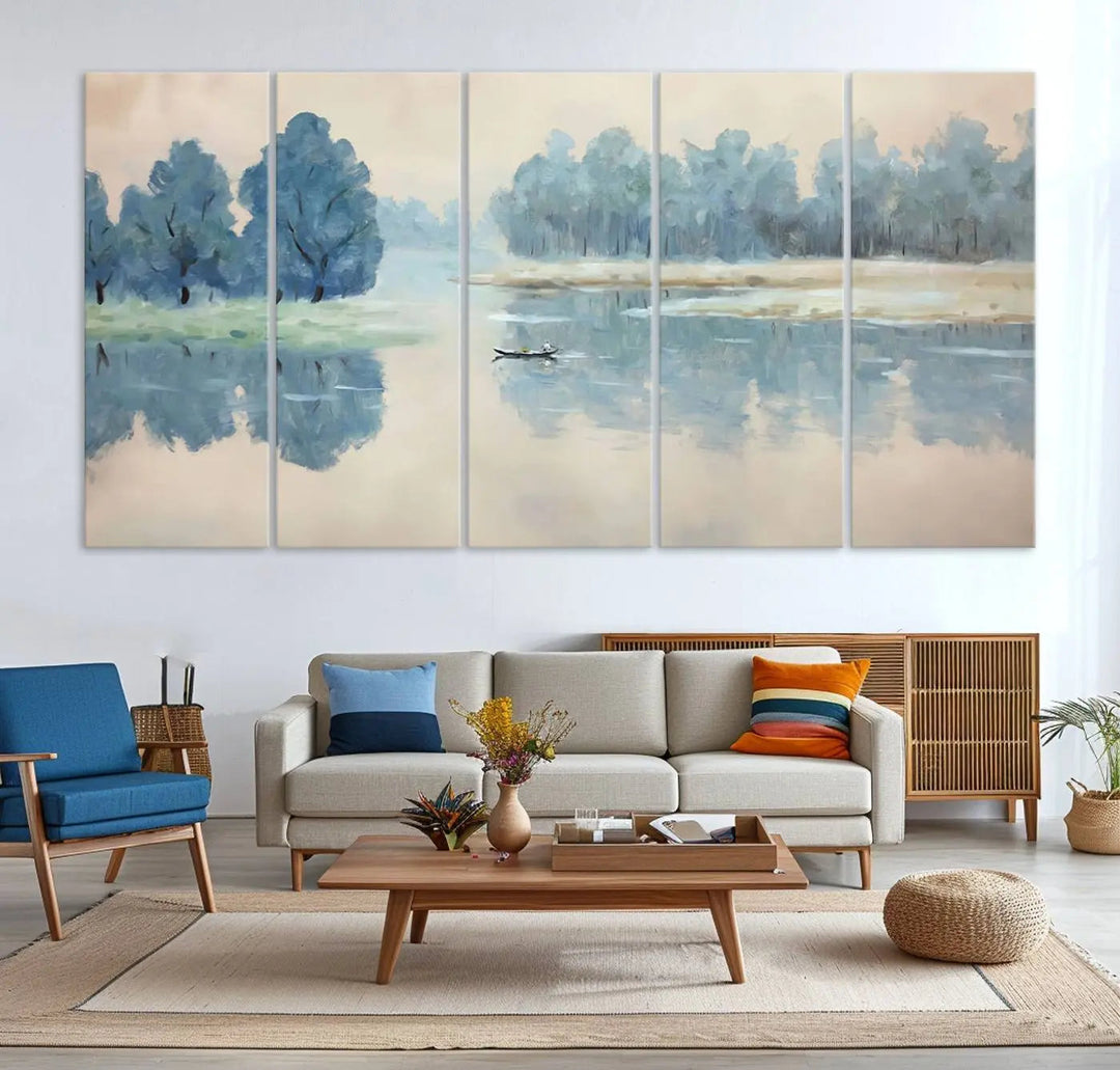 The triptych canvas print, "Blue Trees and Water Reflection Landscape," showcases a serene lake and boat scene through giclee printing. The blue trees reflecting on the water create a calming ambiance, making it an ideal choice for nature lovers.