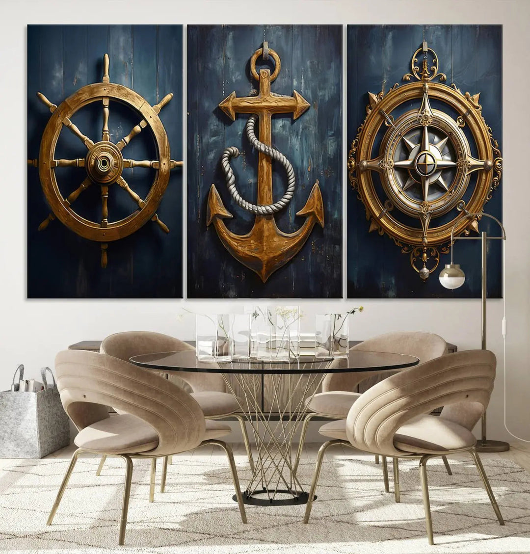 The walls are adorned with the Boat Anchor Compass With Rope Wall Art Canvas Print, evoking the serene essence of the sea in coastal decor.