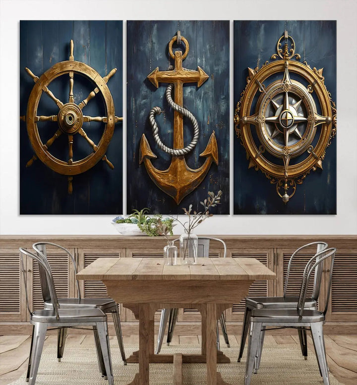 The walls are adorned with the Boat Anchor Compass With Rope Wall Art Canvas Print, evoking the serene essence of the sea in coastal decor.