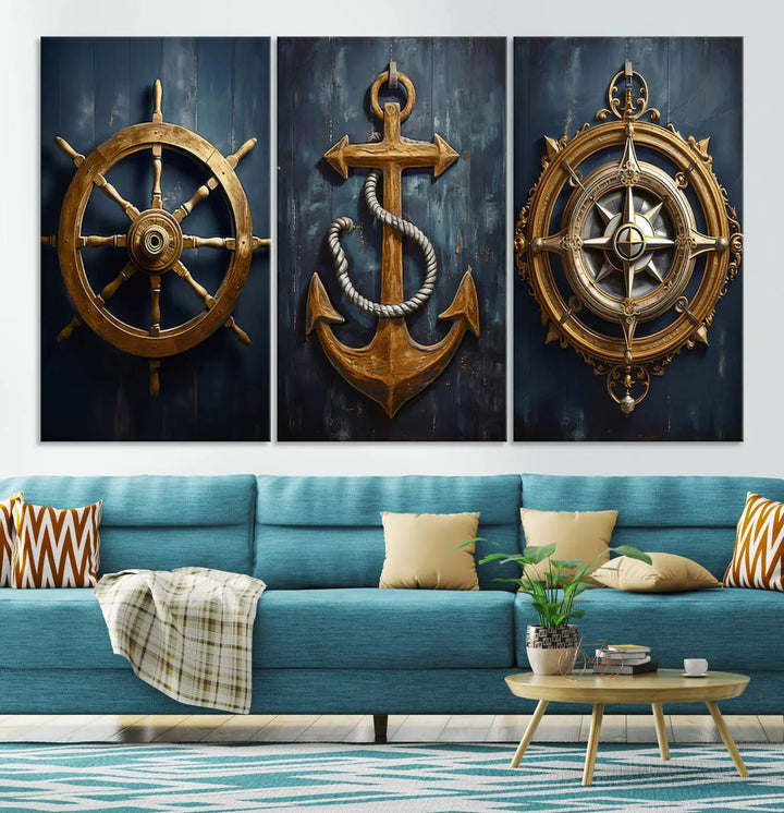 The walls are adorned with the Boat Anchor Compass With Rope Wall Art Canvas Print, evoking the serene essence of the sea in coastal decor.