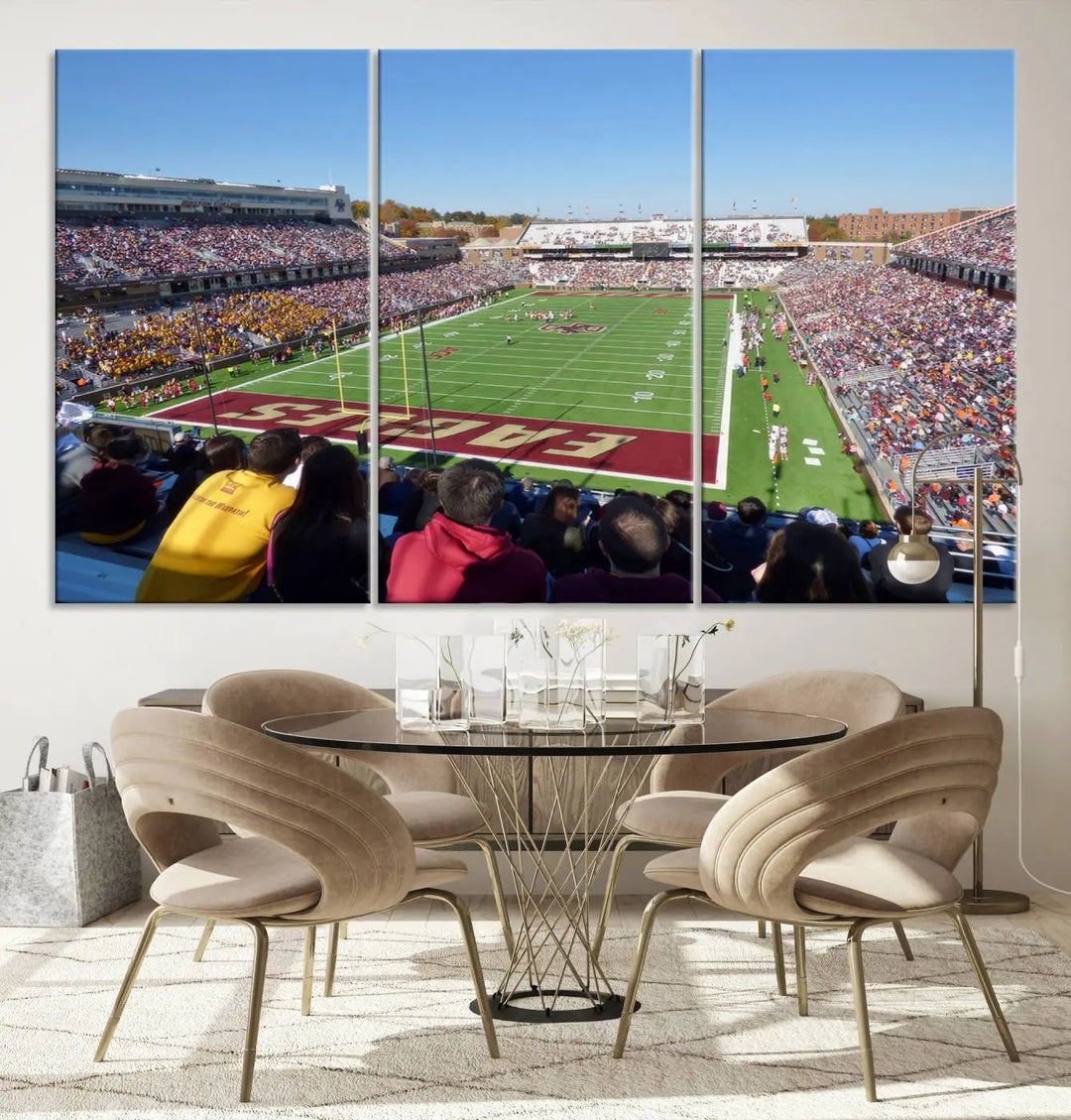 A Boston College Eagles Football Team print, depicting Alumni Stadium filled with spectators, is gallery wrapped on museum-quality canvas.