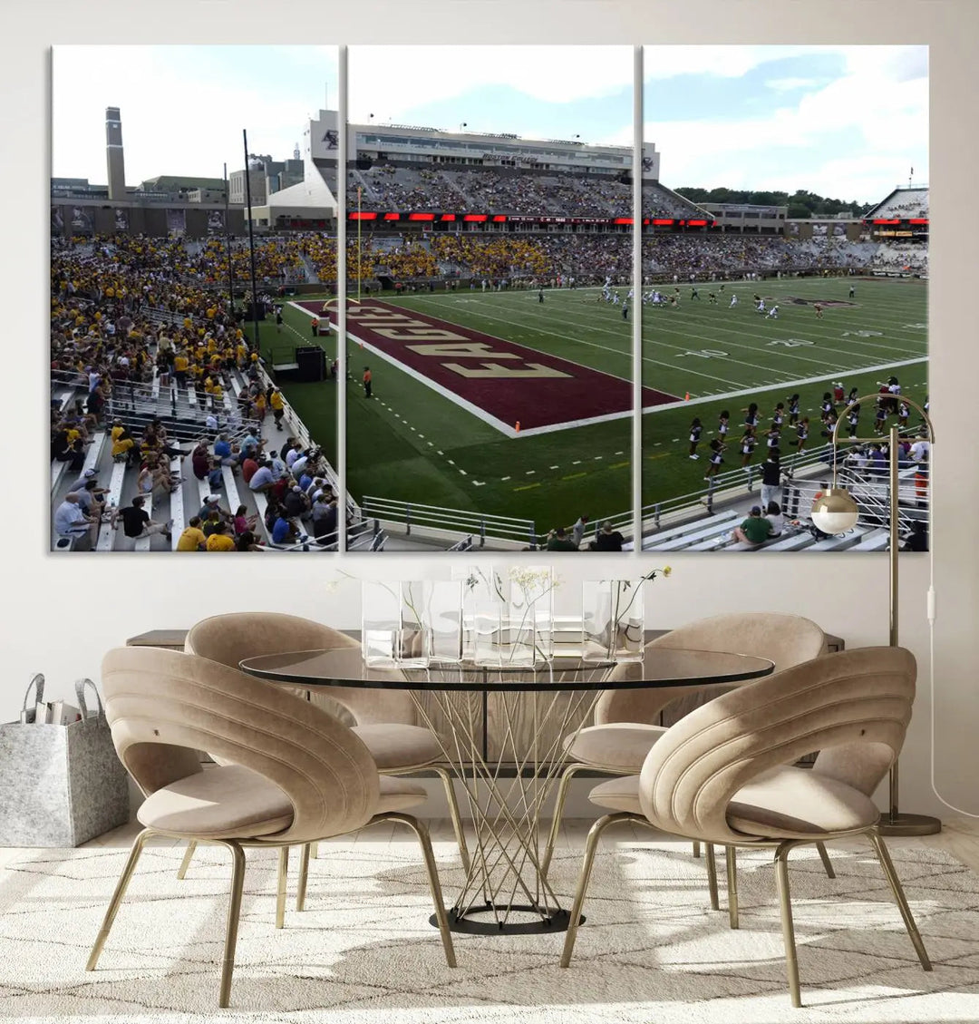 The living room is enhanced by the Boston College Eagles Football Team Print, showcasing a multi-panel wall art of the Boston Alumni Stadium filled with spectators. This piece is crafted on museum-quality canvas using high-resolution printing by a professional craftsman.