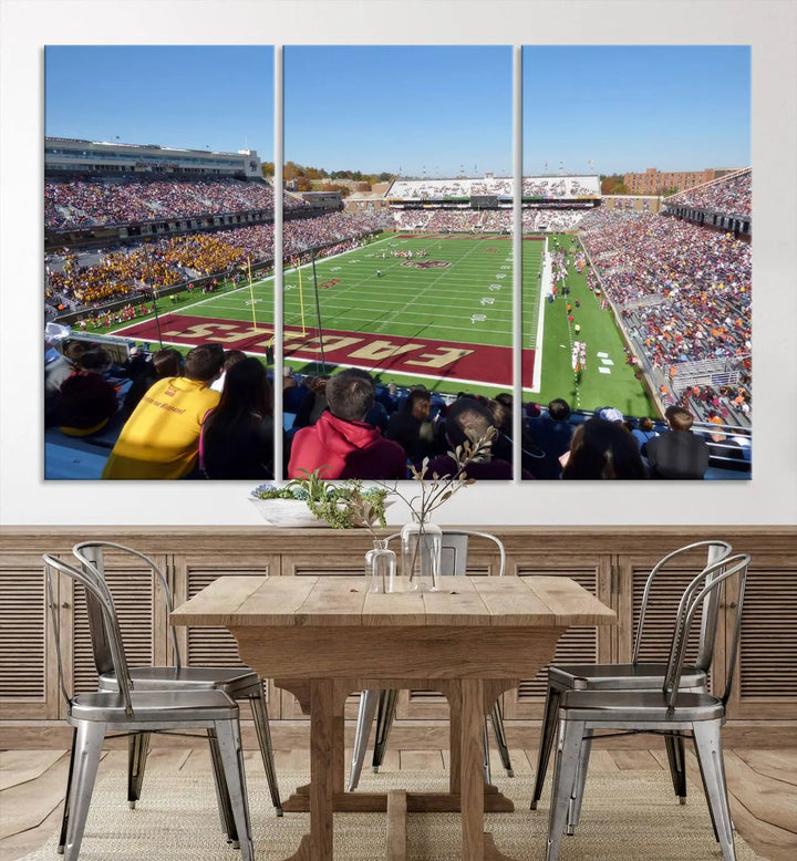 A Boston College Eagles Football Team print, depicting Alumni Stadium filled with spectators, is gallery wrapped on museum-quality canvas.