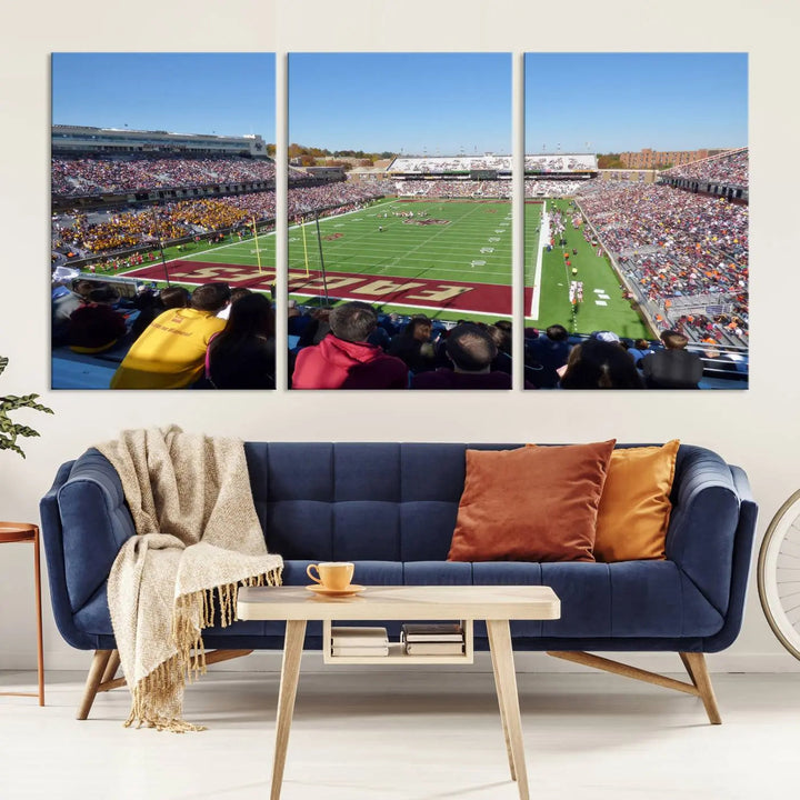 A Boston College Eagles Football Team print, depicting Alumni Stadium filled with spectators, is gallery wrapped on museum-quality canvas.