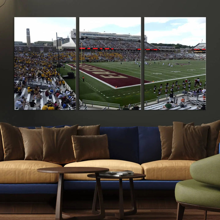 The living room is enhanced by the Boston College Eagles Football Team Print, showcasing a multi-panel wall art of the Boston Alumni Stadium filled with spectators. This piece is crafted on museum-quality canvas using high-resolution printing by a professional craftsman.