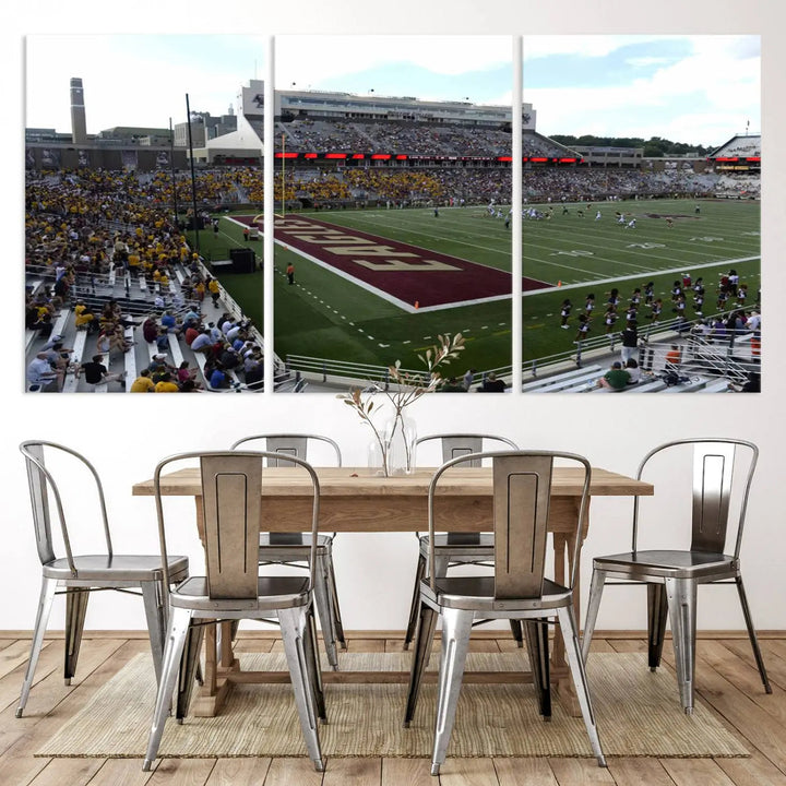 The living room is enhanced by the Boston College Eagles Football Team Print, showcasing a multi-panel wall art of the Boston Alumni Stadium filled with spectators. This piece is crafted on museum-quality canvas using high-resolution printing by a professional craftsman.