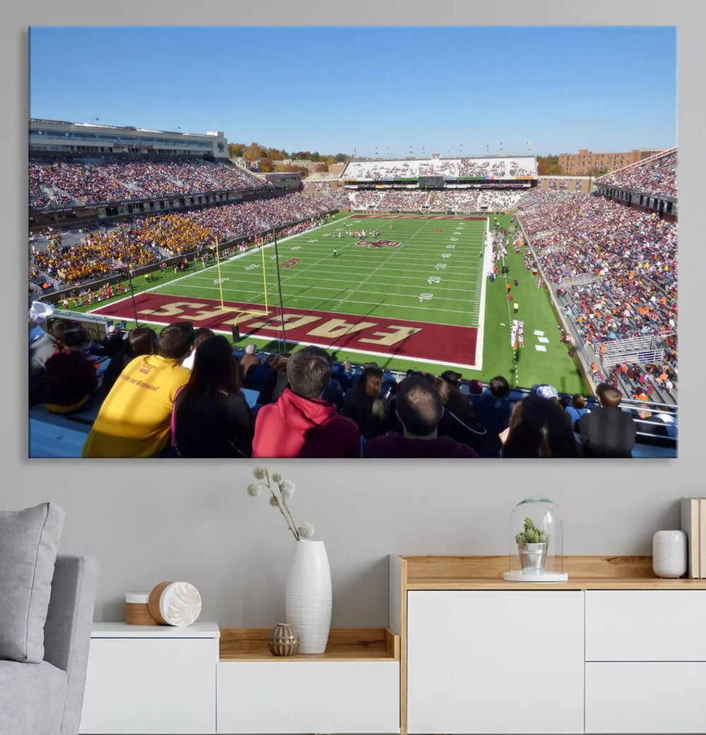 A Boston College Eagles Football Team print, depicting Alumni Stadium filled with spectators, is gallery wrapped on museum-quality canvas.