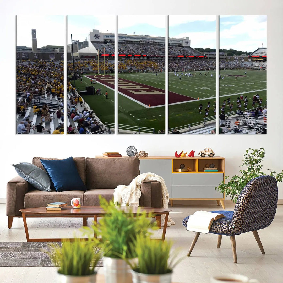 The living room is enhanced by the Boston College Eagles Football Team Print, showcasing a multi-panel wall art of the Boston Alumni Stadium filled with spectators. This piece is crafted on museum-quality canvas using high-resolution printing by a professional craftsman.