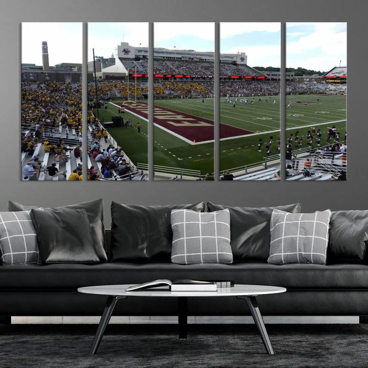 The living room is enhanced by the Boston College Eagles Football Team Print, showcasing a multi-panel wall art of the Boston Alumni Stadium filled with spectators. This piece is crafted on museum-quality canvas using high-resolution printing by a professional craftsman.