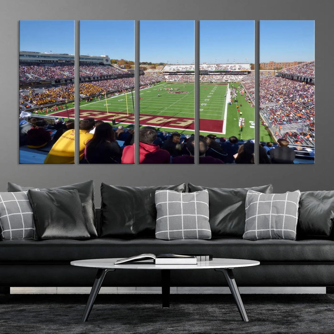 A Boston College Eagles Football Team print, depicting Alumni Stadium filled with spectators, is gallery wrapped on museum-quality canvas.