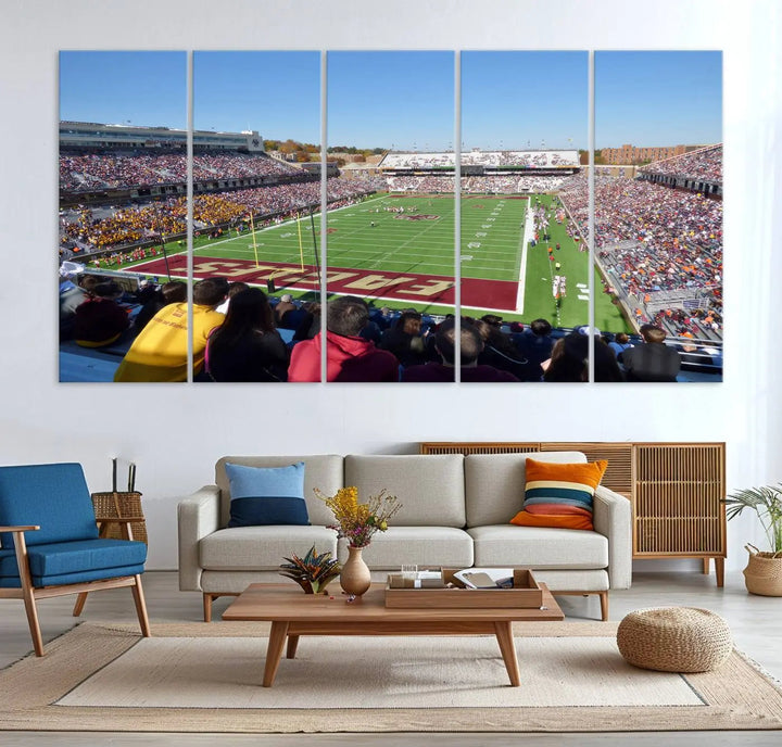 A Boston College Eagles Football Team print, depicting Alumni Stadium filled with spectators, is gallery wrapped on museum-quality canvas.