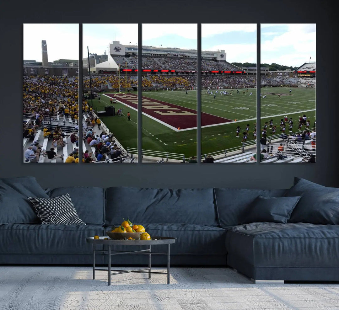 The living room is enhanced by the Boston College Eagles Football Team Print, showcasing a multi-panel wall art of the Boston Alumni Stadium filled with spectators. This piece is crafted on museum-quality canvas using high-resolution printing by a professional craftsman.