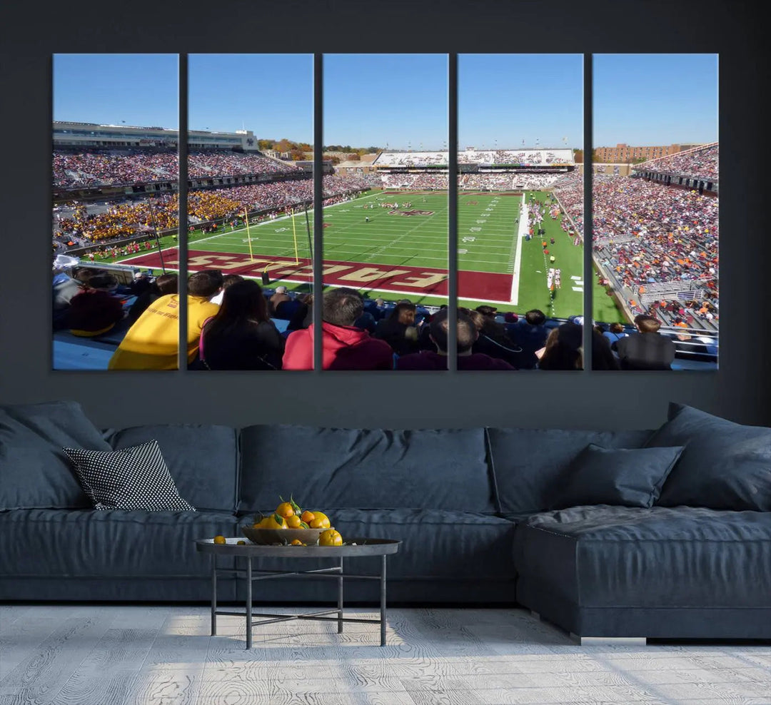 A Boston College Eagles Football Team print, depicting Alumni Stadium filled with spectators, is gallery wrapped on museum-quality canvas.