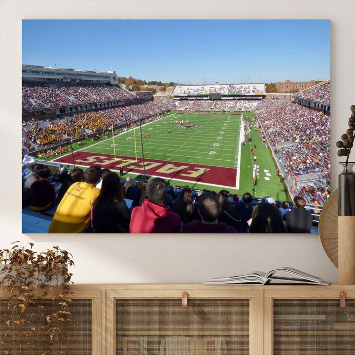 A Boston College Eagles Football Team print, depicting Alumni Stadium filled with spectators, is gallery wrapped on museum-quality canvas.