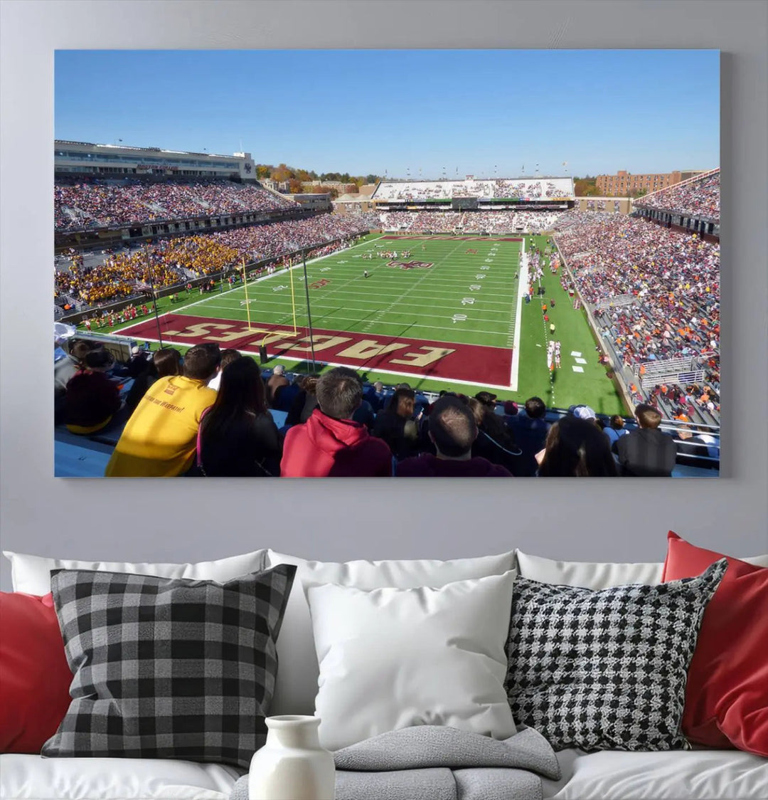 A Boston College Eagles Football Team print, depicting Alumni Stadium filled with spectators, is gallery wrapped on museum-quality canvas.