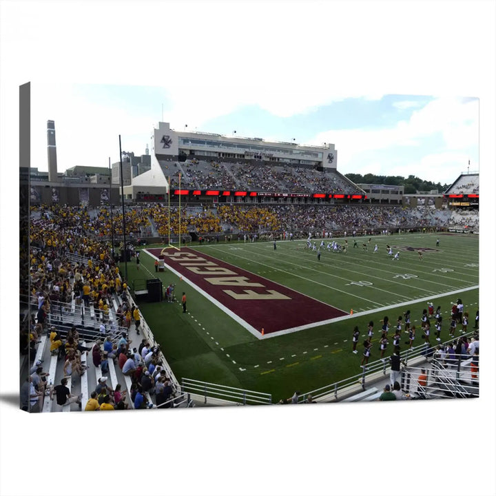 The living room is enhanced by the Boston College Eagles Football Team Print, showcasing a multi-panel wall art of the Boston Alumni Stadium filled with spectators. This piece is crafted on museum-quality canvas using high-resolution printing by a professional craftsman.