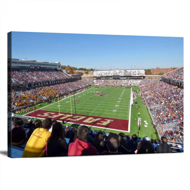 A Boston College Eagles Football Team print, depicting Alumni Stadium filled with spectators, is gallery wrapped on museum-quality canvas.