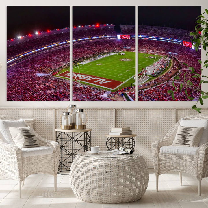 A stunning triptych canvas wall art of the Bryant-Denny Stadium Night Game perfectly captures the energy and excitement of an Alabama Crimson Tide football match at night.