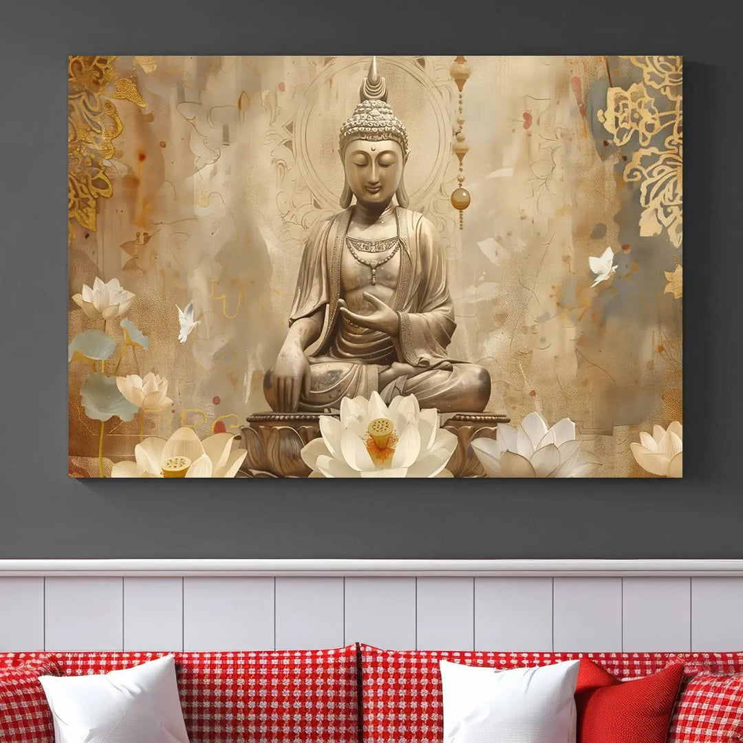 A peaceful Buddha Wall Art Canvas Print enhances the dark wall, creating an atmosphere of mindfulness.