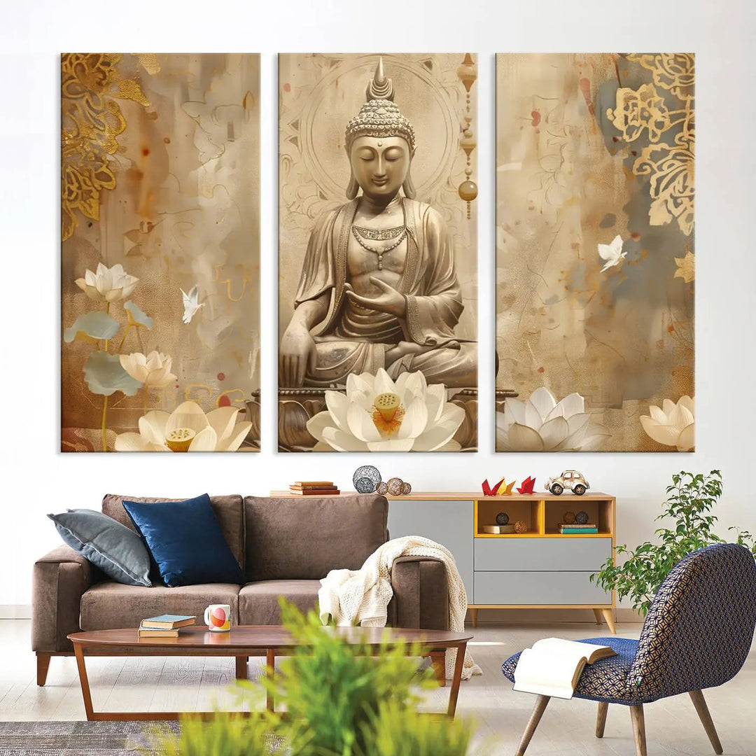 A peaceful Buddha Wall Art Canvas Print enhances the dark wall, creating an atmosphere of mindfulness.