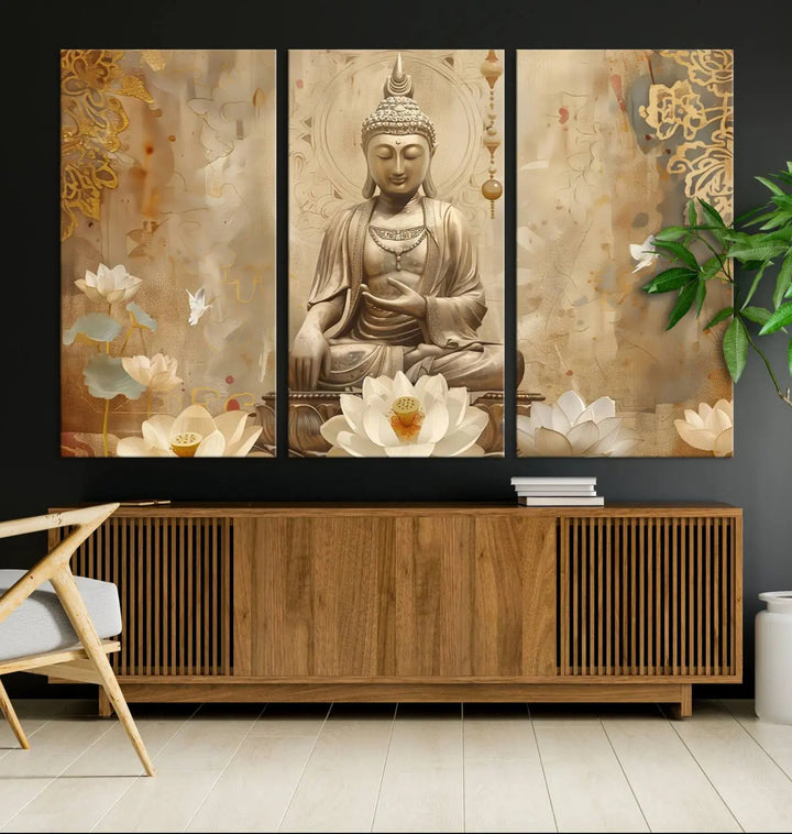 A peaceful Buddha Wall Art Canvas Print enhances the dark wall, creating an atmosphere of mindfulness.