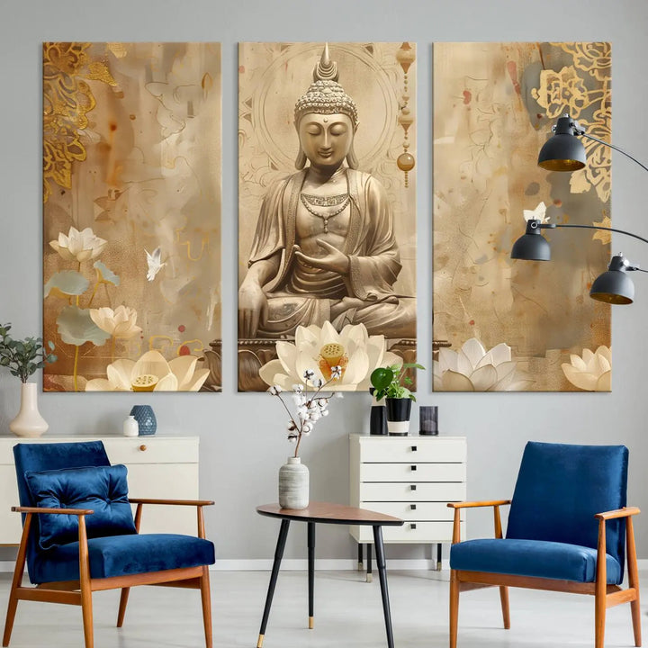 A peaceful Buddha Wall Art Canvas Print enhances the dark wall, creating an atmosphere of mindfulness.