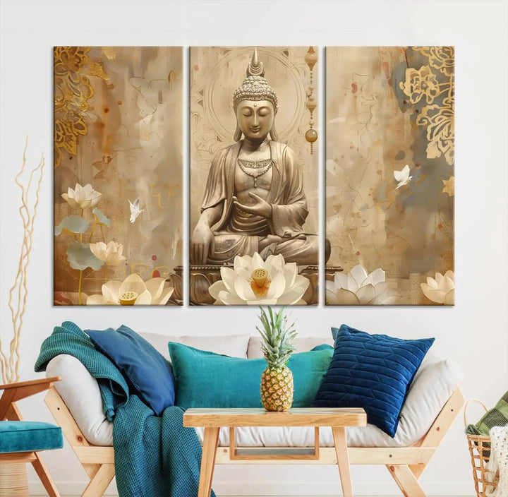 A peaceful Buddha Wall Art Canvas Print enhances the dark wall, creating an atmosphere of mindfulness.