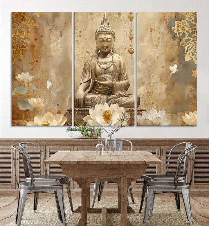 A peaceful Buddha Wall Art Canvas Print enhances the dark wall, creating an atmosphere of mindfulness.