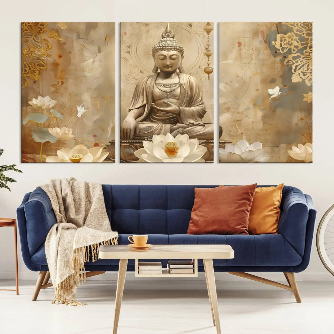 A peaceful Buddha Wall Art Canvas Print enhances the dark wall, creating an atmosphere of mindfulness.