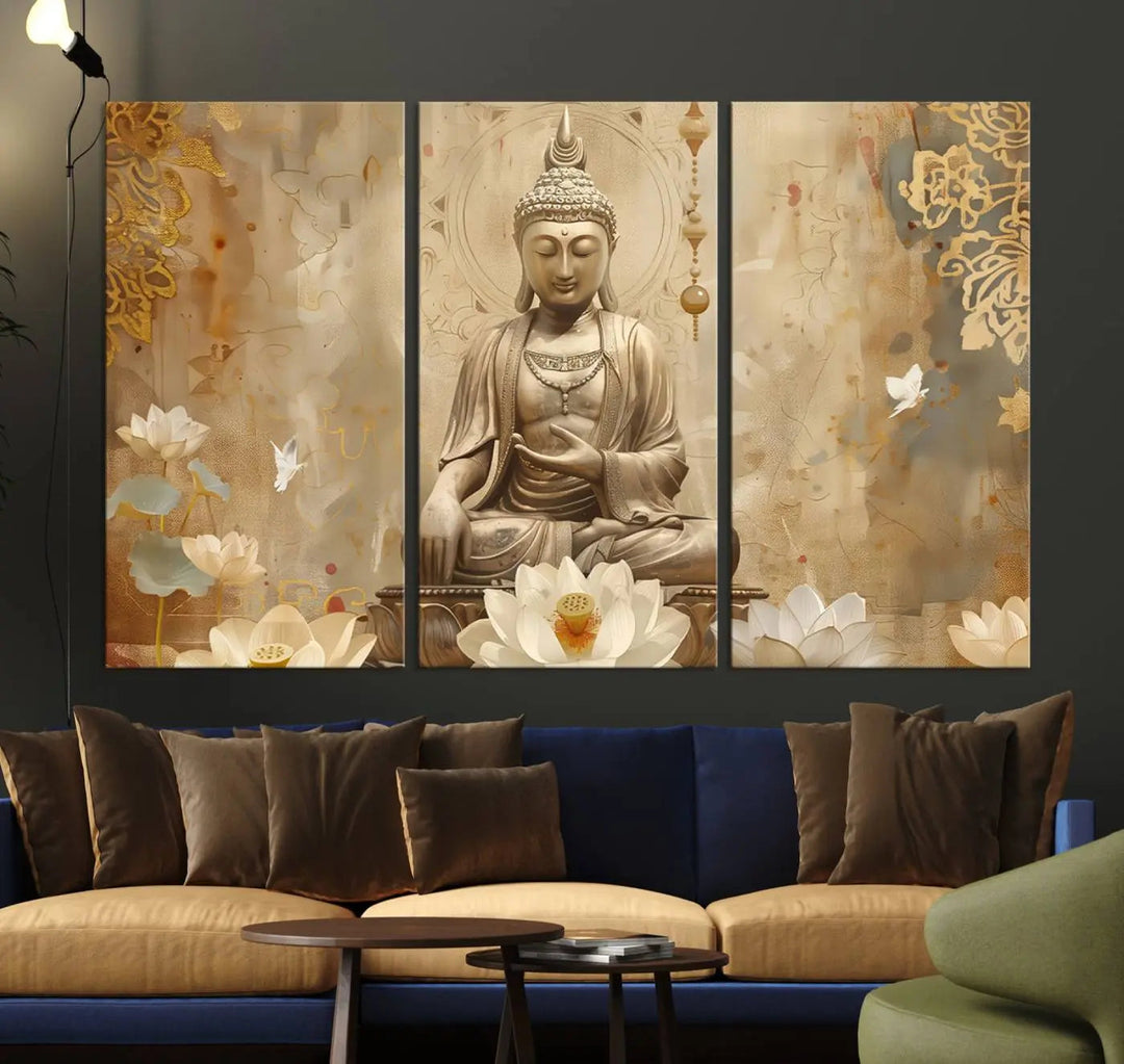 A peaceful Buddha Wall Art Canvas Print enhances the dark wall, creating an atmosphere of mindfulness.