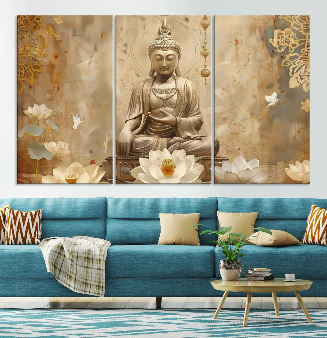 A peaceful Buddha Wall Art Canvas Print enhances the dark wall, creating an atmosphere of mindfulness.